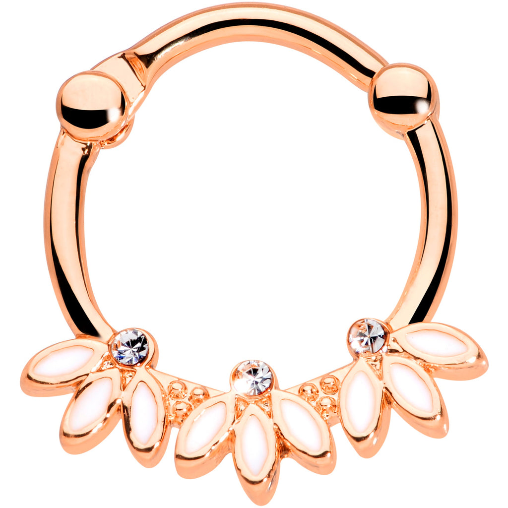 16G 3/8 Clear Gem Rose Gold Tone White Leaves Cartilage Clicker