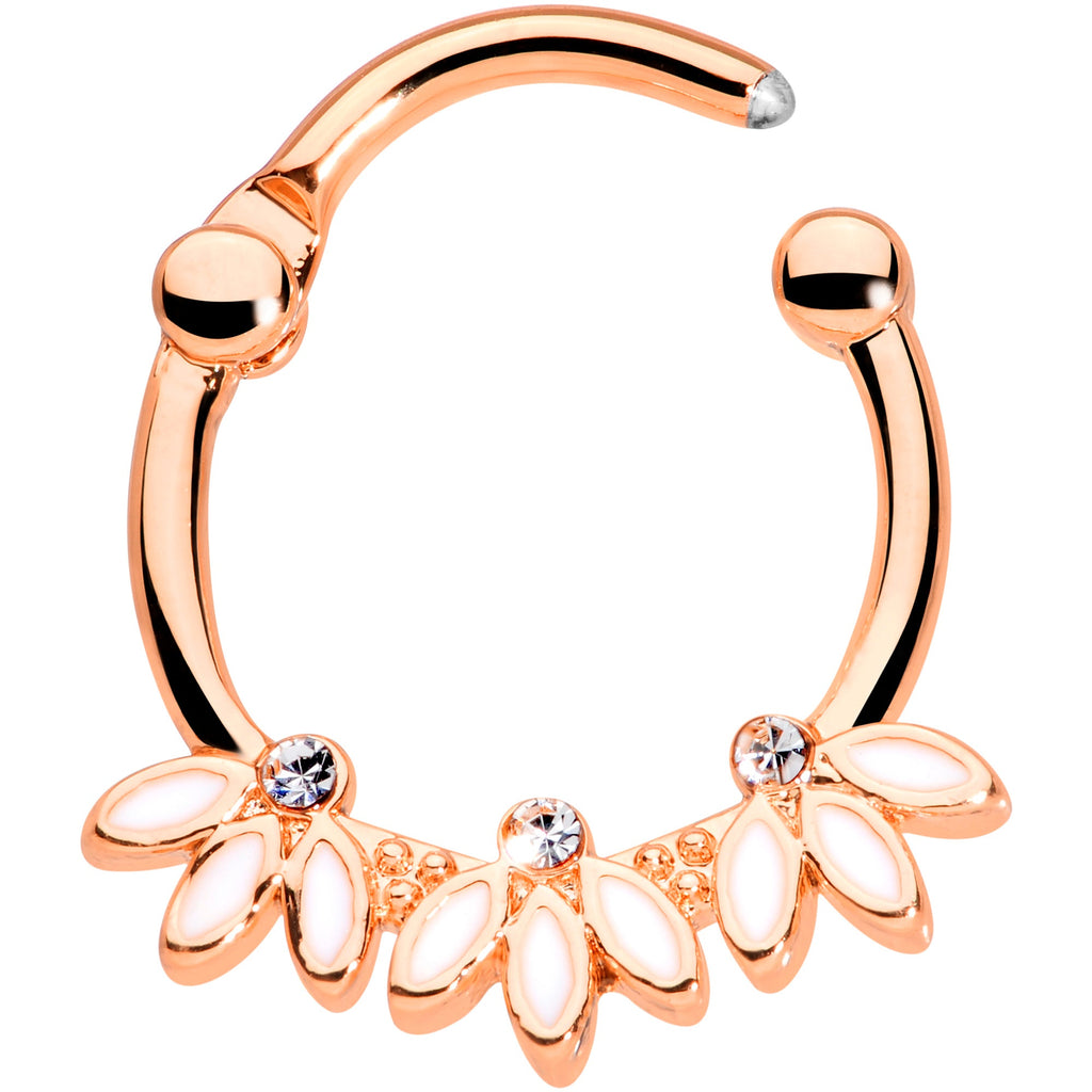16G 3/8 Clear Gem Rose Gold Tone White Leaves Cartilage Clicker
