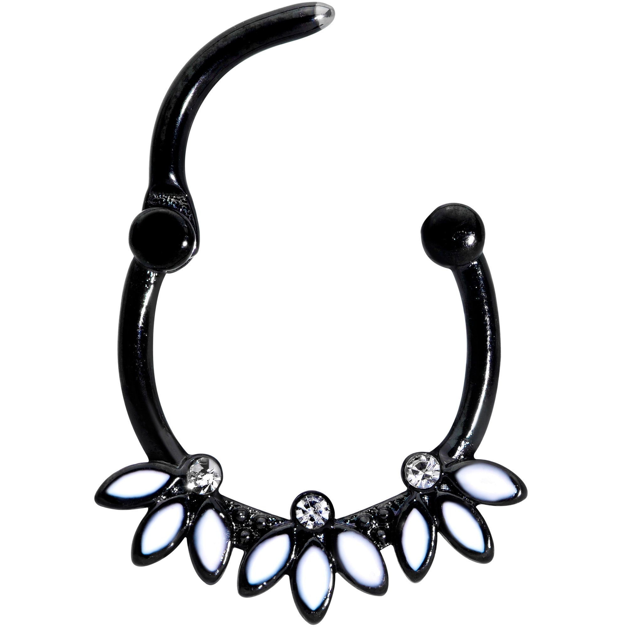 16G 3/8 Clear Gem Black White Leaves Cartilage Clicker