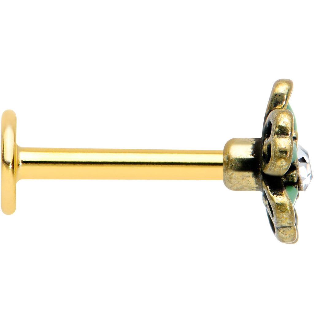 16G 5/16 Clear Gem Gold Tone Green Flower Labret Monroe Tragus