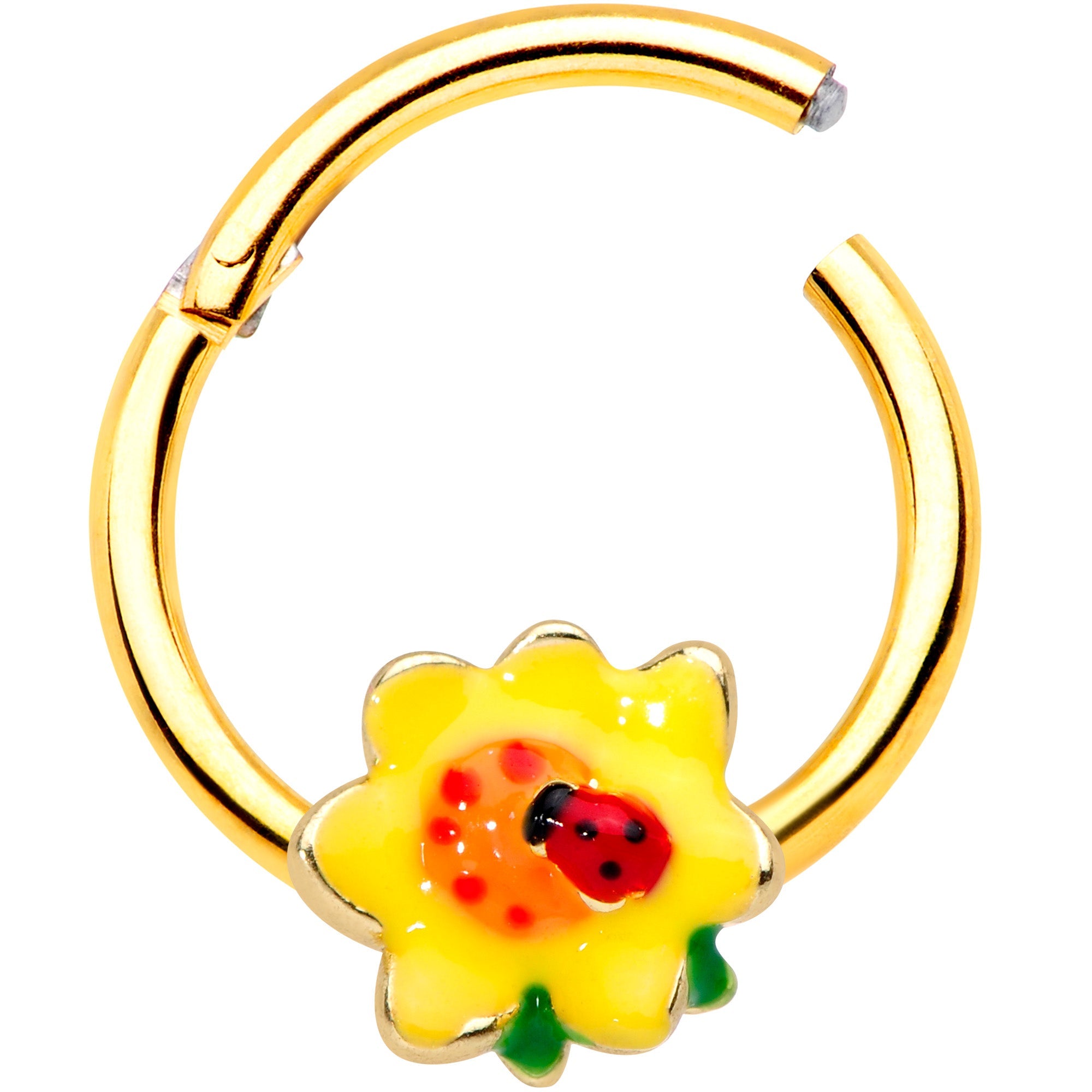 16G 3/8 Gold Tone Sunny Flower Ladybug Hinged Segment Ring