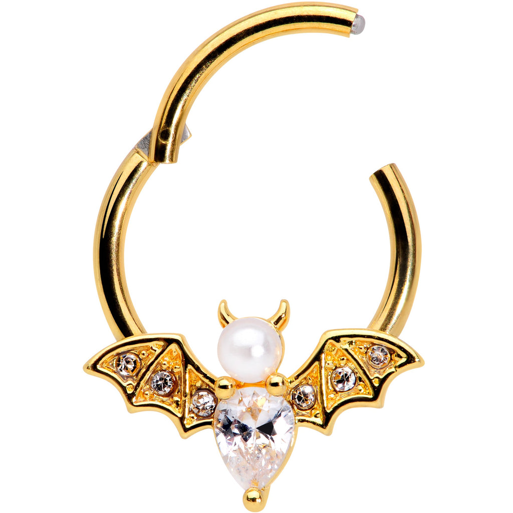 16G 3/8 Clear Gem Gold Tone Bat Halloween Hinged Segment Ring