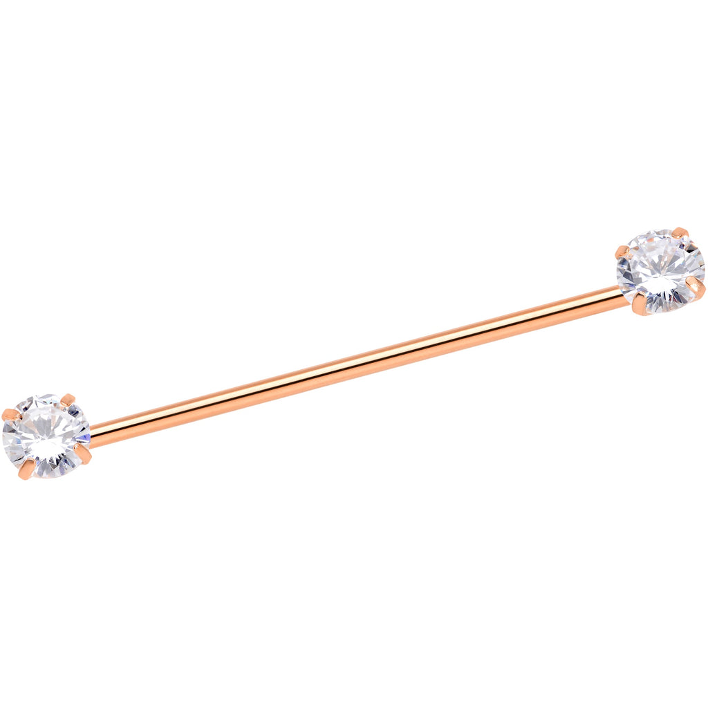 14G Clear CZ Gem Rose Gold Tone Threadless Industrial Barbell 38mm