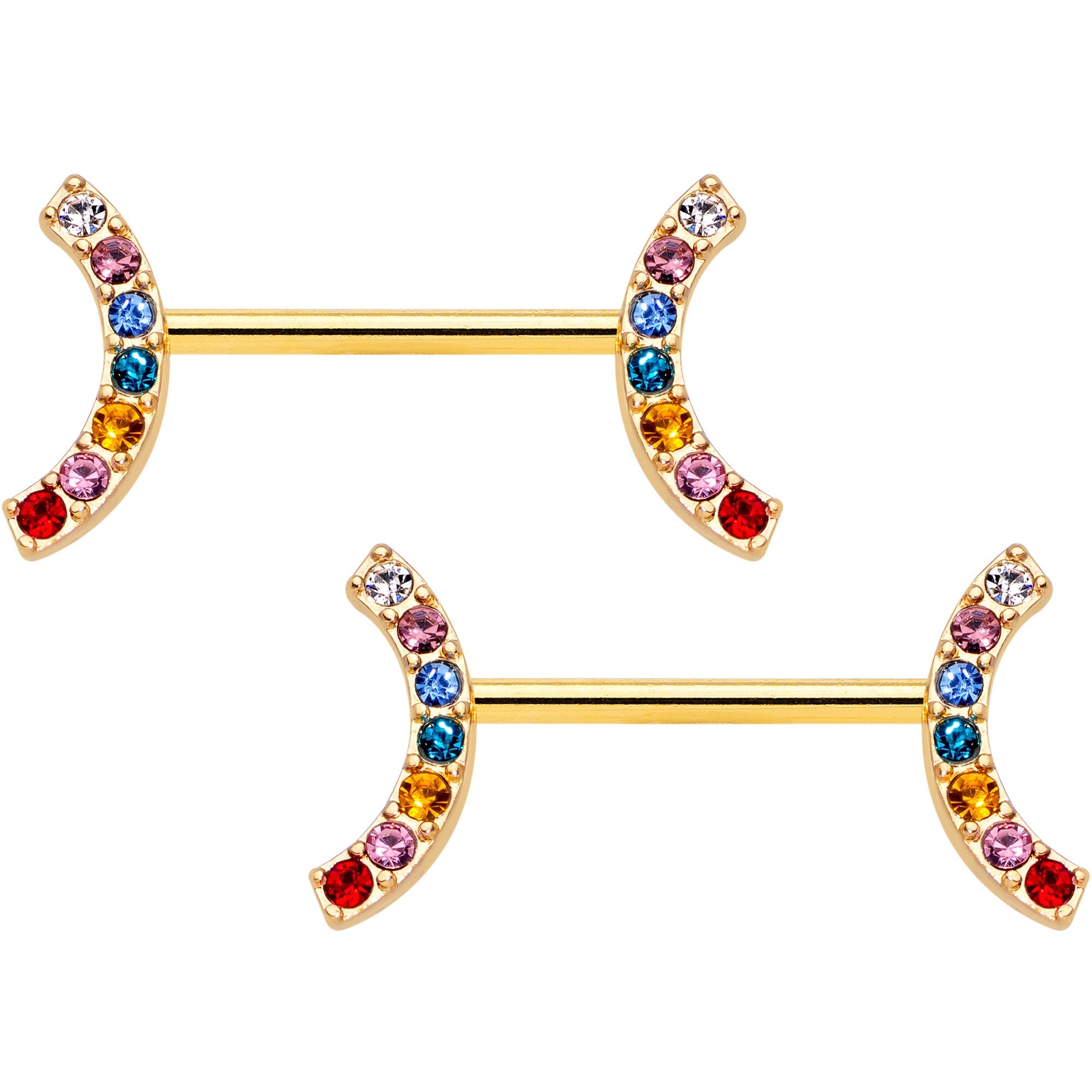 14G 9/16 Red Blue Gem Gold Tone Rainbow Arc Nipple Ring Set