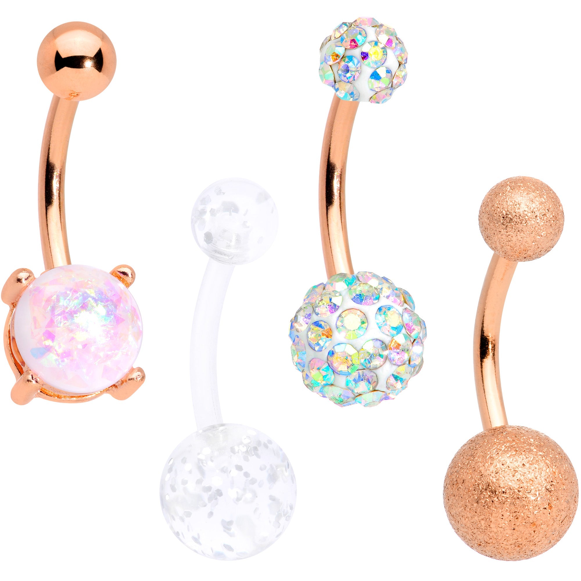 White Faux Opal Clear Gem Rose Gold Tone Aurora Belly Ring Set of 4