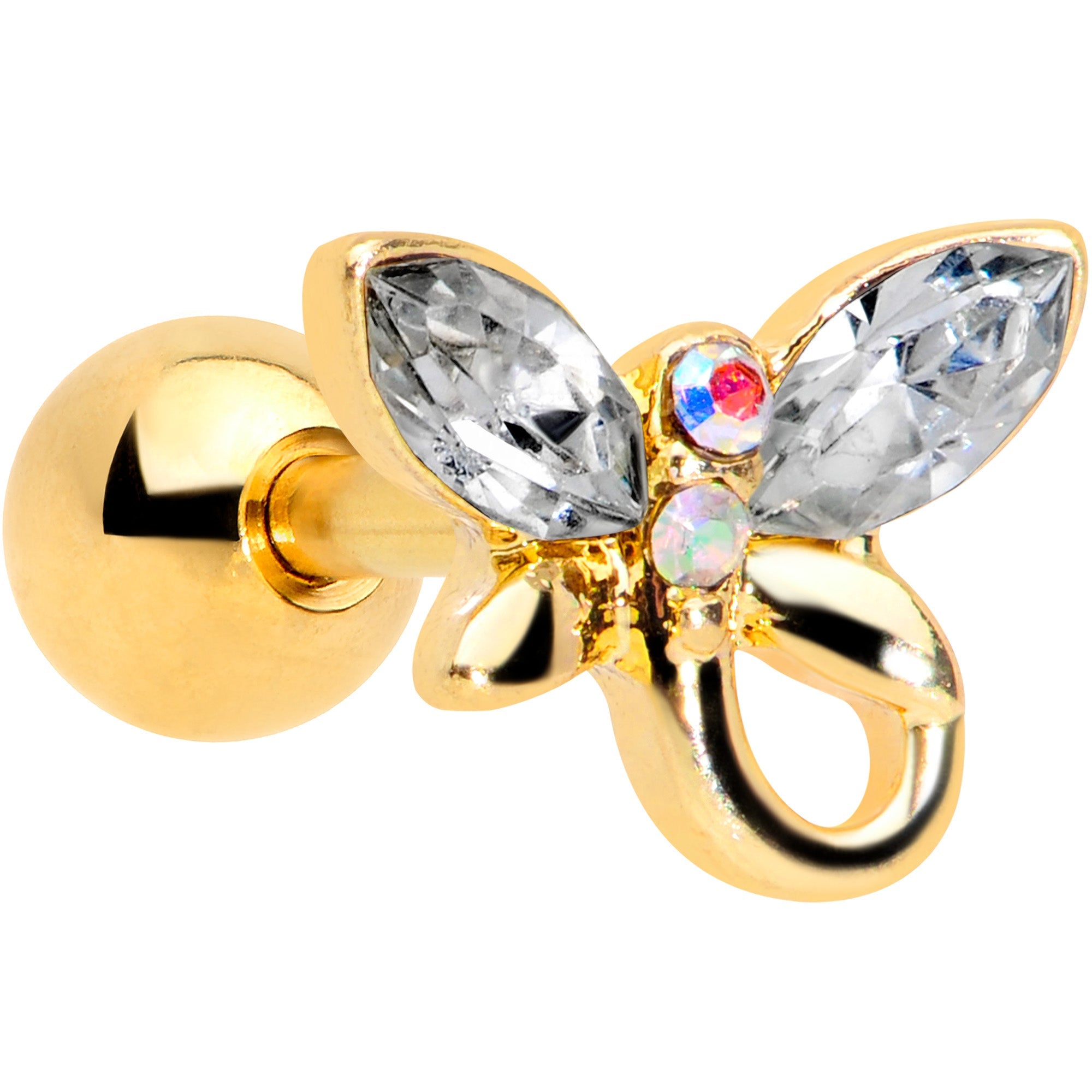 16G 1/4 Clear Gem Gold Tone Loop Butterfly Cartilage Tragus