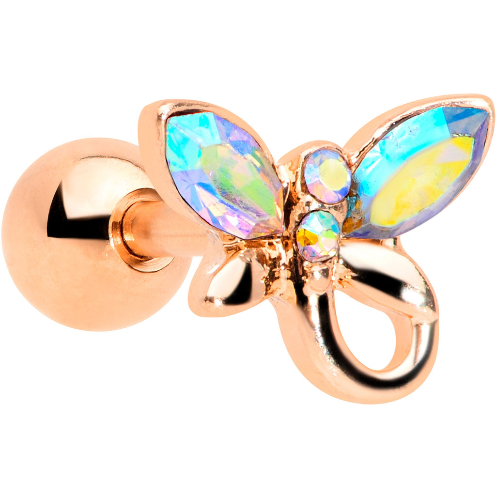 16G 1/4 Aurora Gem Rose Gold Tone Loop Butterfly Cartilage Tragus