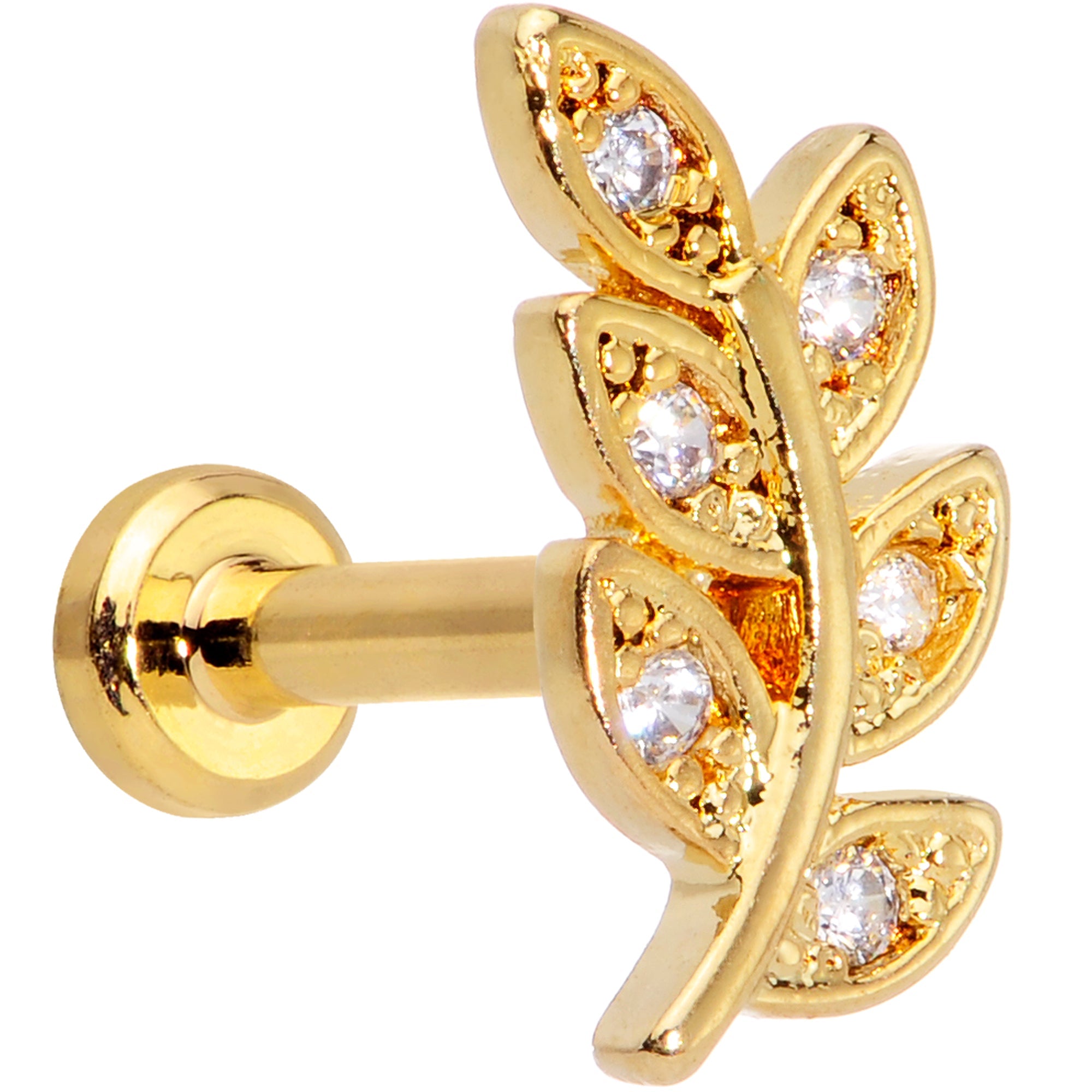 16G 1/4 Clear CZ Gem Gold Tone Leaf Internally Threaded Labret