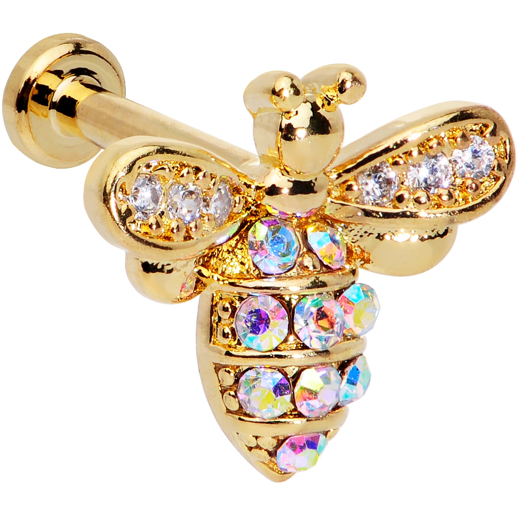 16G 1/4 Aurora CZ Gem Gold Hue Beauty Bee Internal Thread Labret