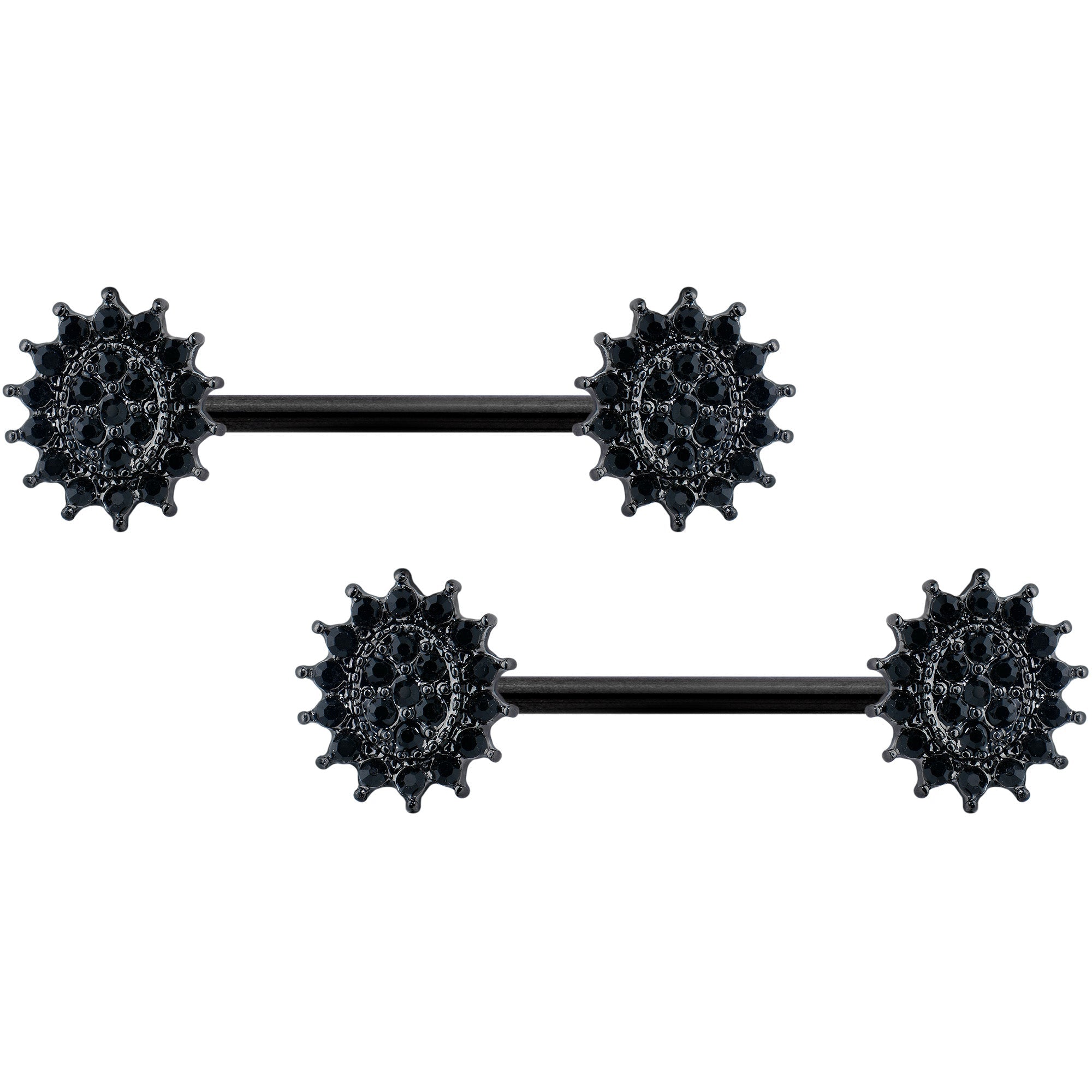 14G 5/8 Black Gem Black Oval Sunburst Barbell Nipple Ring Set