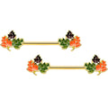 14G 9/16 Gold Tone Lovely Autumn Leaves Barbell Nipple Ring Set