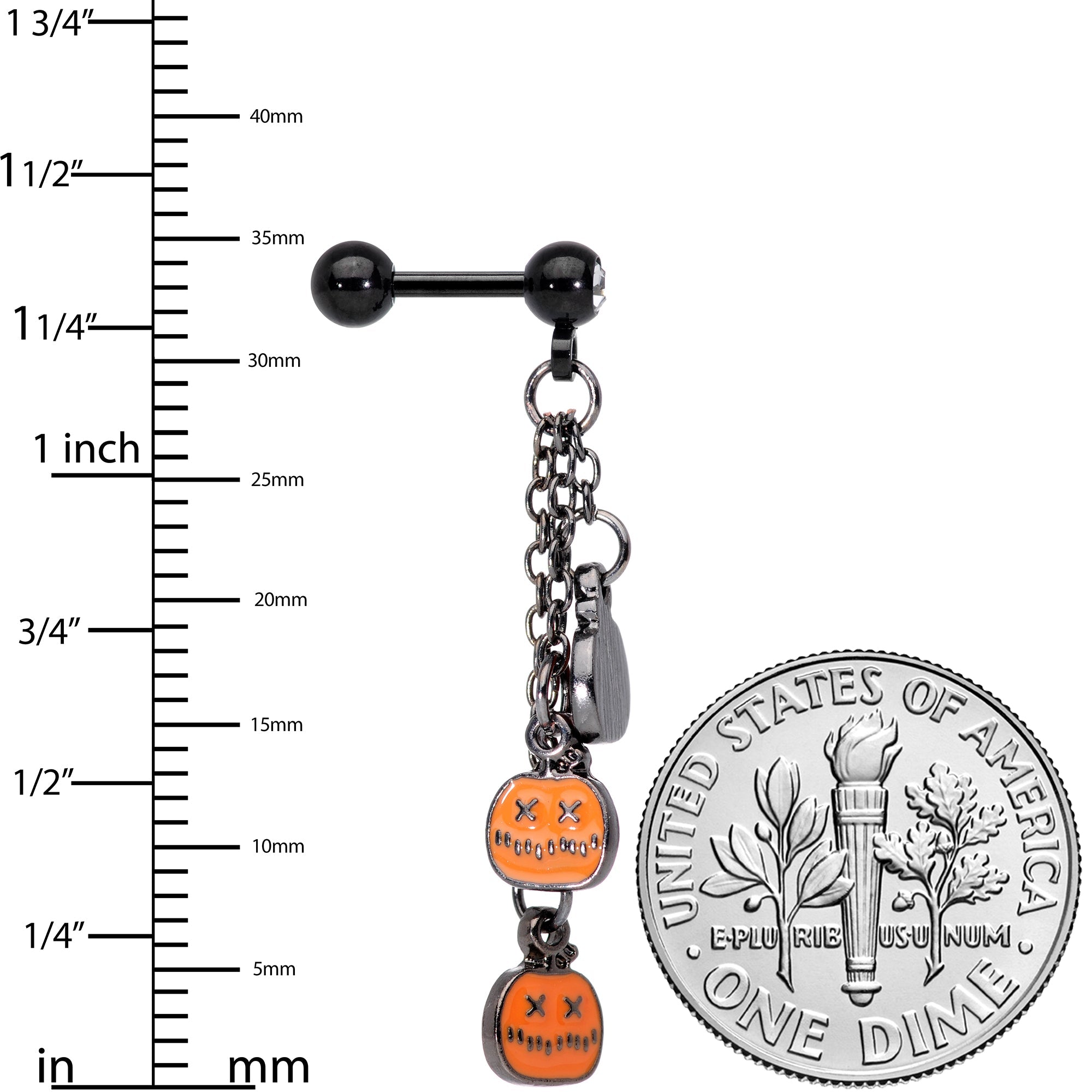 16G 1/4 Clear Gem Black Halloween Pumpkin Dangle Cartilage