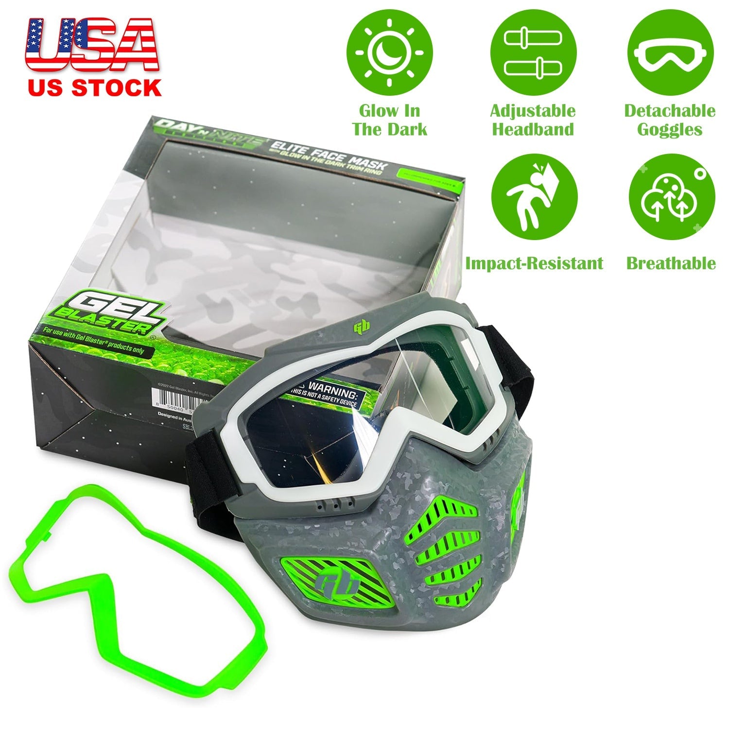 [Not Allowed to Sell on Amazon] Gel Blaster Glow in The Dark Elite Face Mask Full Face Tactical Mask with Detachable Goggles Adjustable Headband Vente