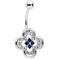 Clear Blue Gem Stylized Deco Cross Belly Ring