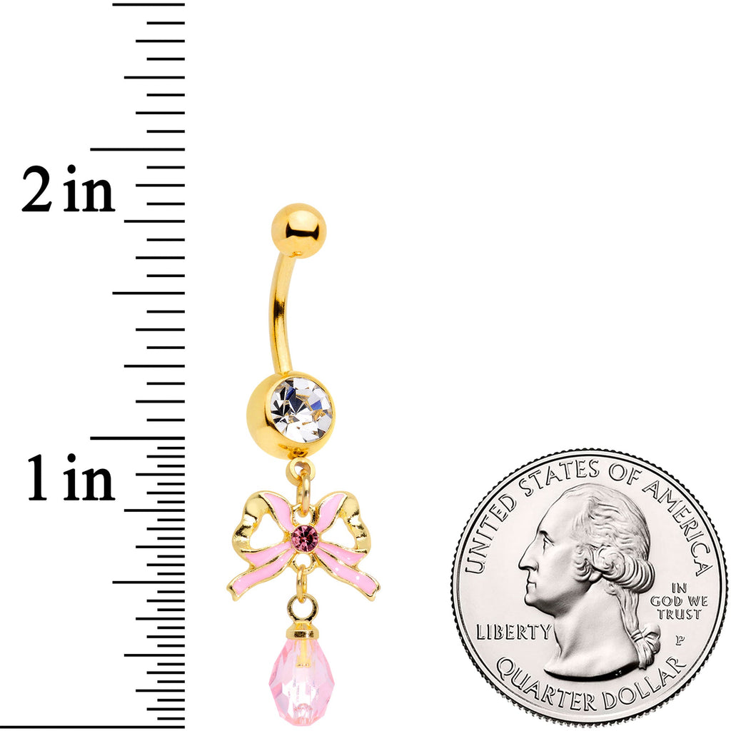 Clear Pink Gem Gold Tone Pink Bow Dangle Belly Ring