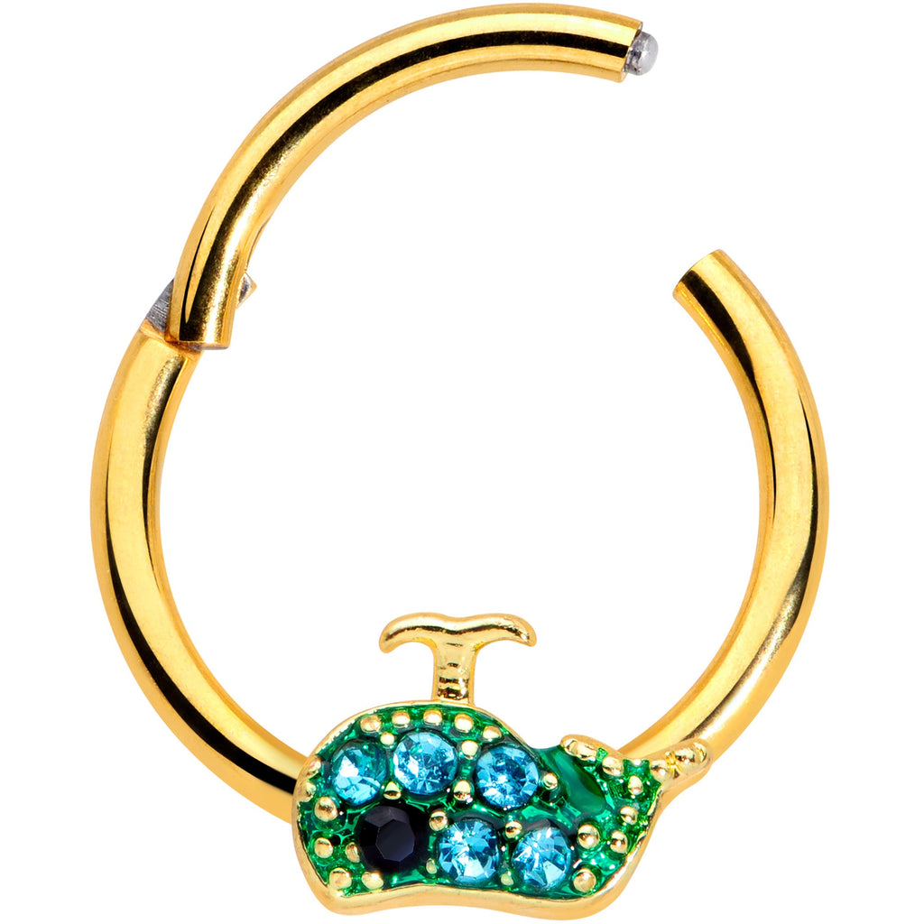 16G 3/8 Aqua Gem Gold Tone Water Whale Hinged Segment Ring
