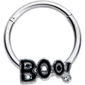 16G 3/8 Clear Gem Black Boo Halloween Hinged Segment Ring