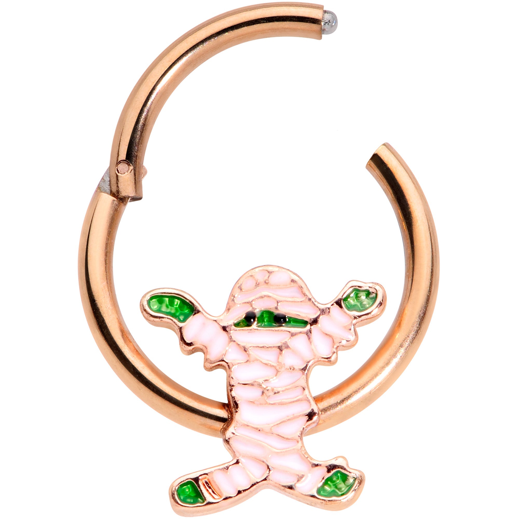 16G 3/8 Rose Gold Tone Green Mummy Halloween Hinged Segment Ring