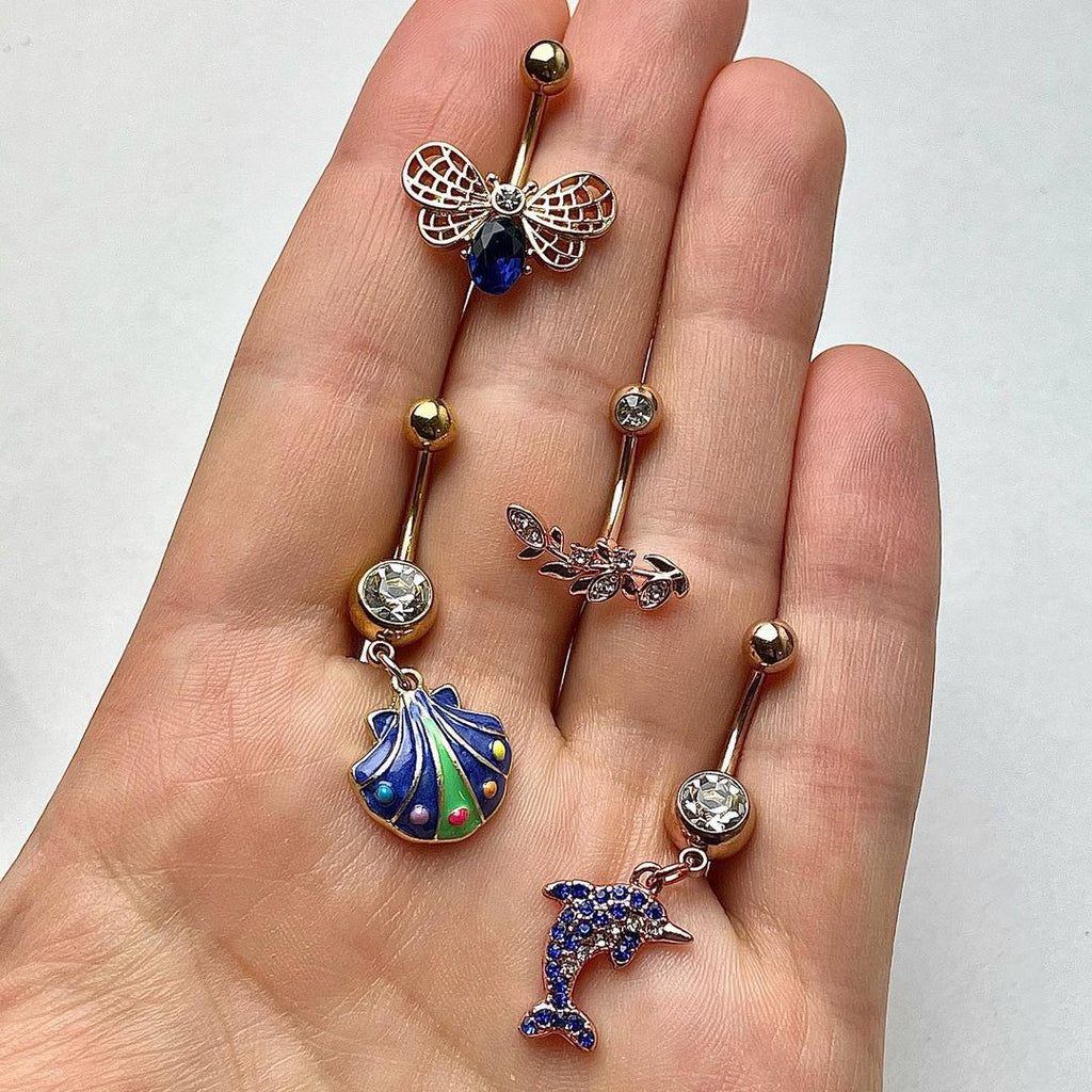 Clear Gem Rose Gold Tone Branch Leaf Belly Ring