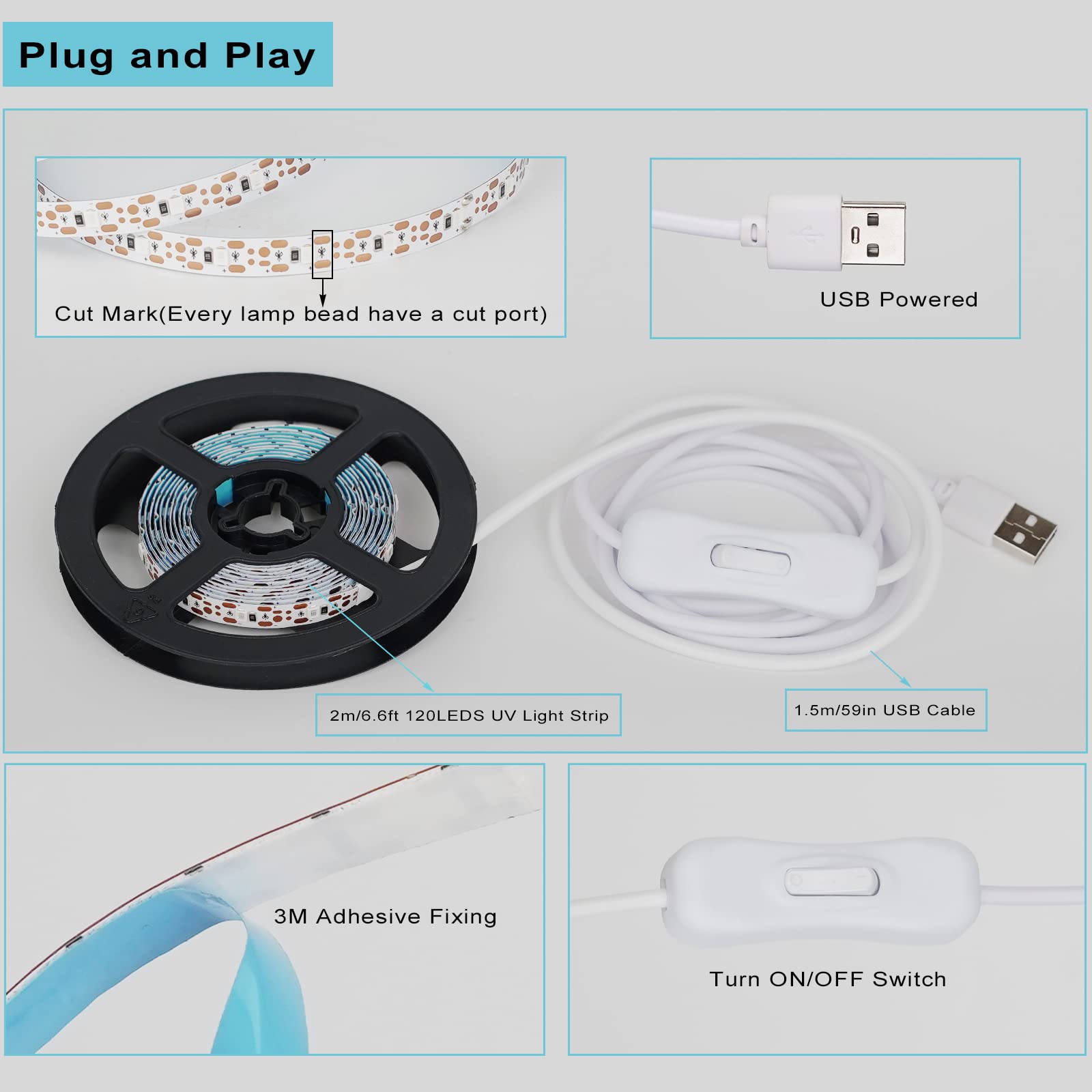Light Led Strips, 120 Lamp Beads, Usb Cable 1.5M Led Black Light Strip Kit, Dc5V