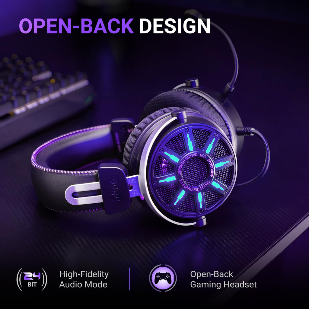FIFINE Wired Open Back Gaming Headset, Open Acoustic Audio,Customizable RGB,USB in-Line Control, 7.1 Surround Sound, Over-Ear Gamer Headphone with Detachable Mic for PC PS5/PS4, Laptop, Mac - H19BP