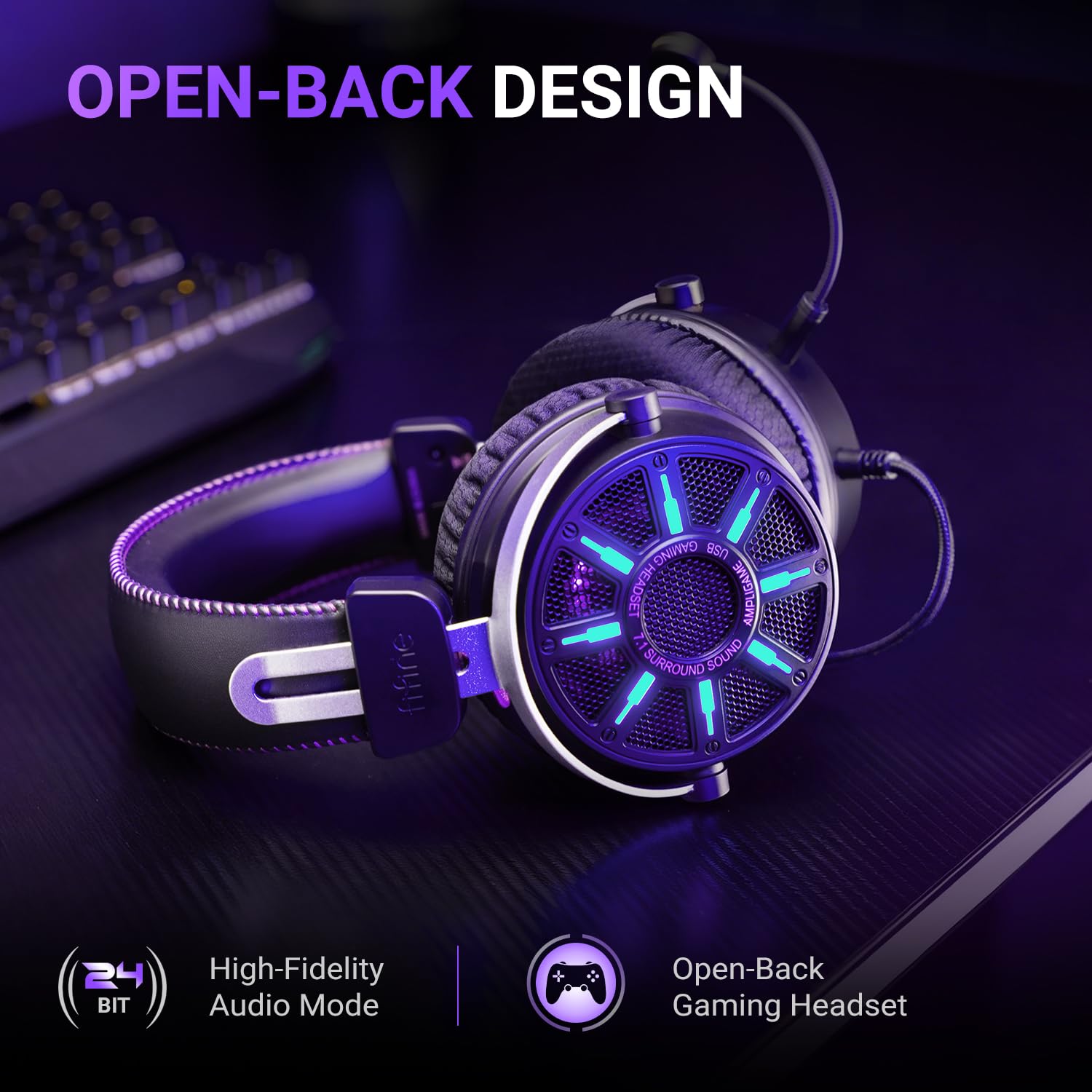 FIFINE Wired Open Back Gaming Headset, Open Acoustic Audio,Customizable RGB,USB in-Line Control, 7.1 Surround Sound, Over-Ear Gamer Headphone with Detachable Mic for PC PS5/PS4, Laptop, Mac - H19BP