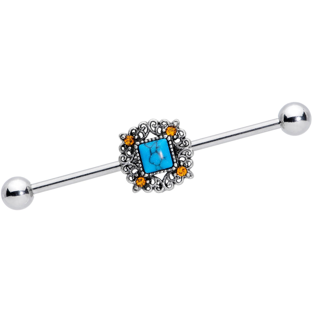 14G Yellow Gem Blue Faux Turquoise Square Industrial Barbell 38mm