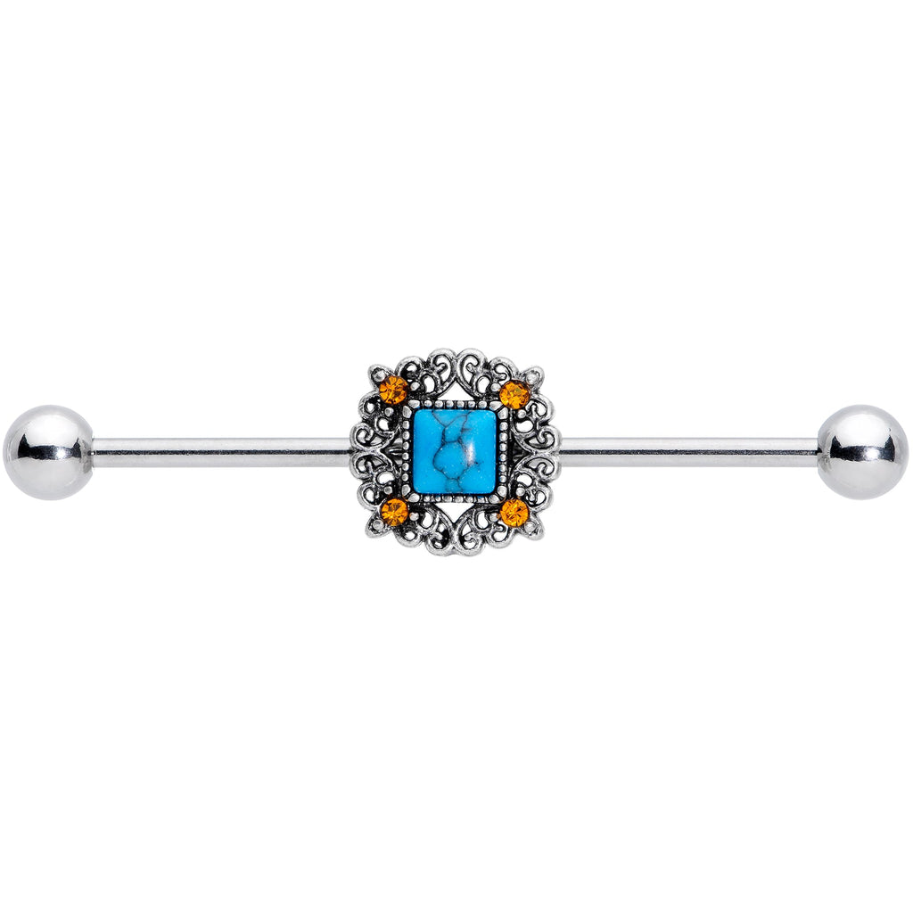 14G Yellow Gem Blue Faux Turquoise Square Industrial Barbell 38mm