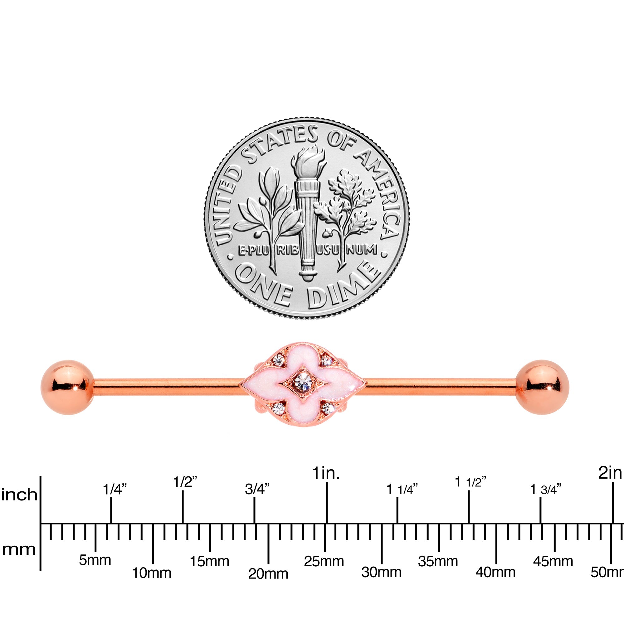 14G Clear Gem Rose Gold Tone Pink Cross Industrial Barbell 38mm