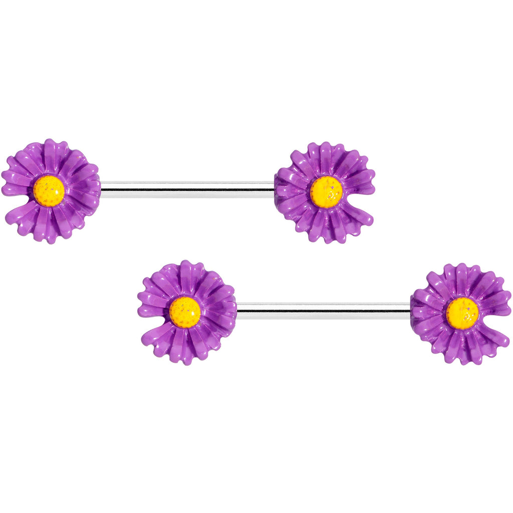 14G 5/8 Purple Daisy Flower Barbell Nipple Ring Set