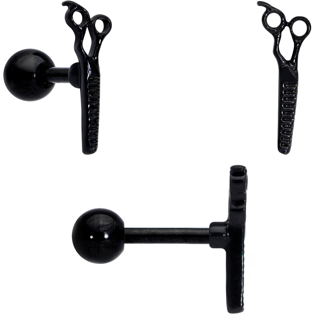 16G 1/4 Black Scissor Comb Hair Cartilage Tragus Earring Set of 3