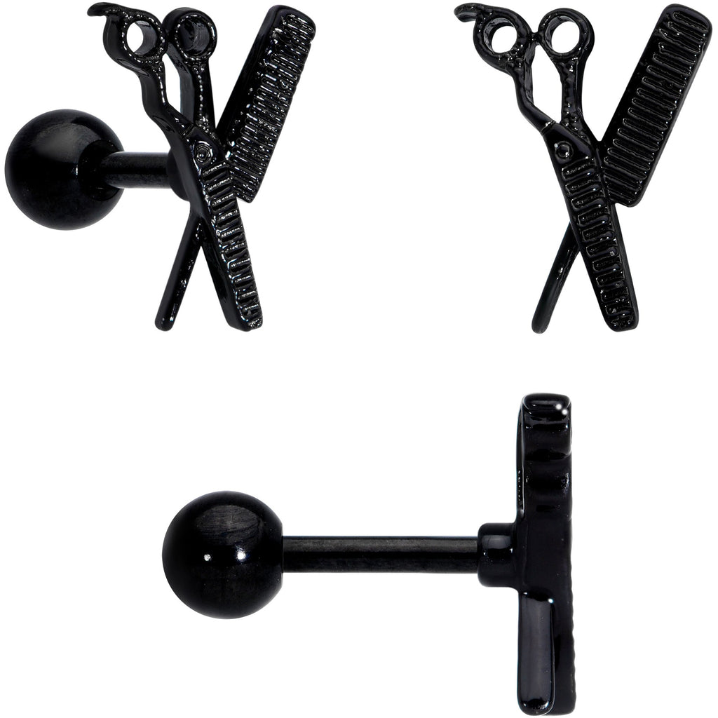 16G 1/4 Black Scissor Comb Hair Cartilage Tragus Earring Set of 3