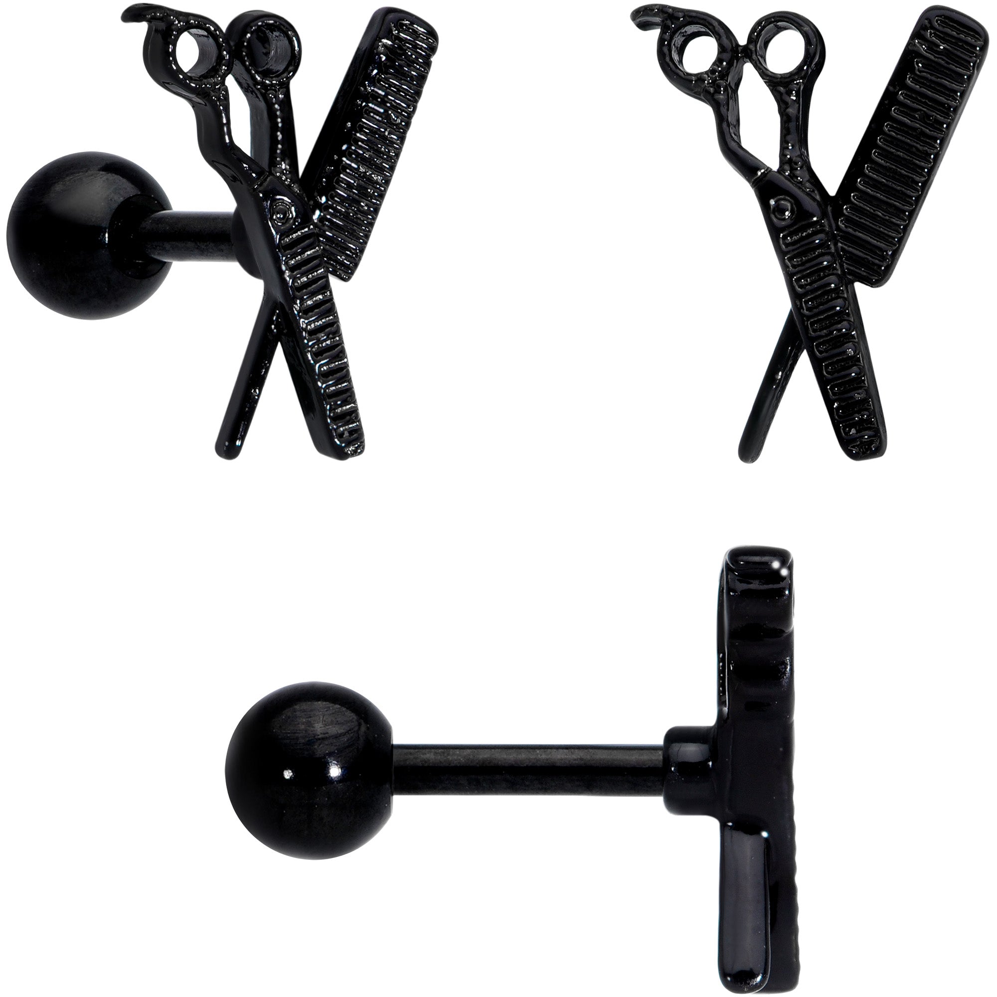 16G 1/4 Black Scissor Comb Hair Cartilage Tragus Earring Set of 3