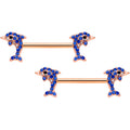 14G 9/16 Blue Gem Rose Gold Tone Dolphin Barbell Nipple Ring Set