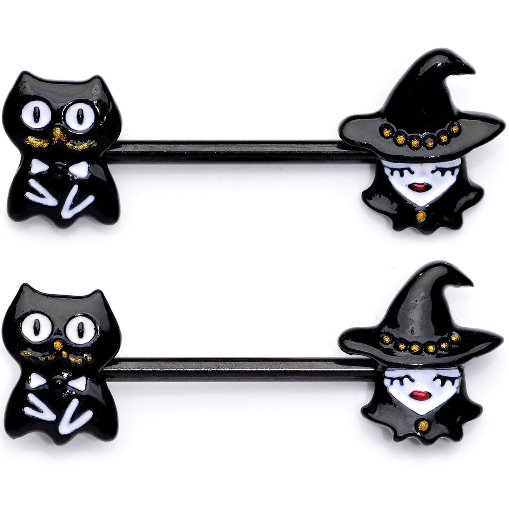 14G 9/16 Black Cat Pretty Witch Halloween Barbell Nipple Ring Set