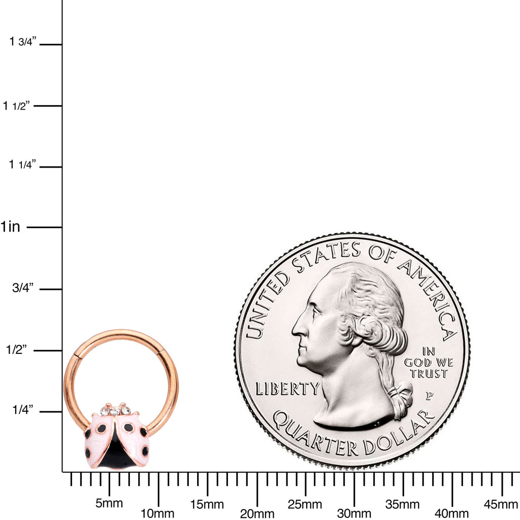 16G 3/8 Clear Gem Rose Gold Tone Lil Ladybug Hinged Segment Ring