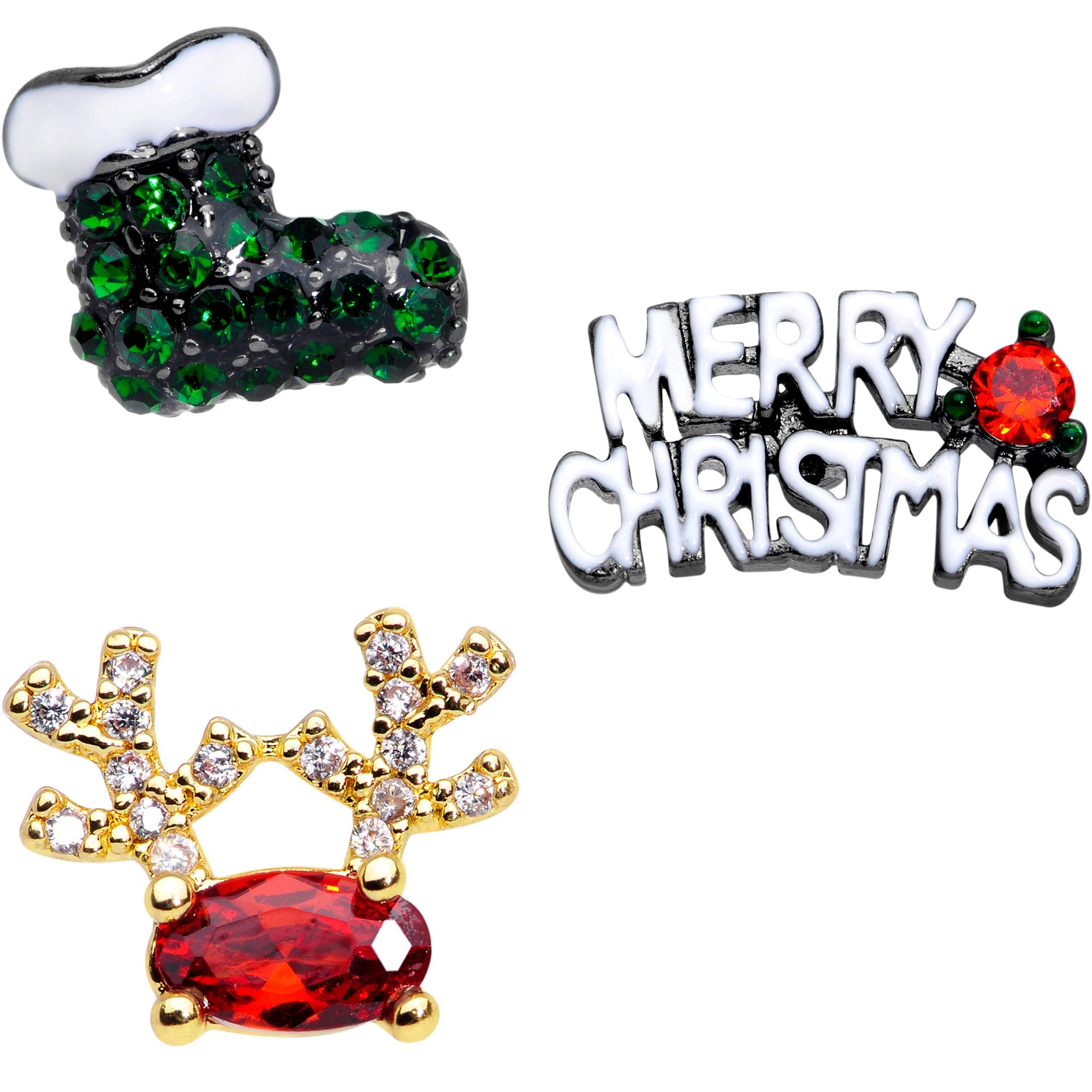 16G 1/4 Red CZ Gem Gold Tone Christmas Cartilage Earring Set of 3