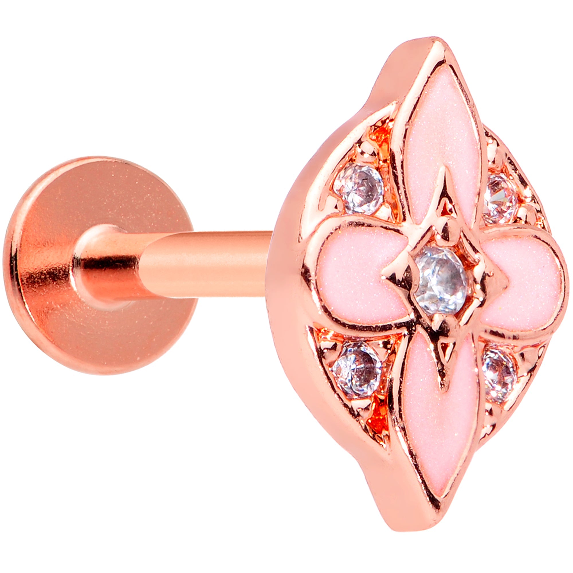16G 5/16 Clear Gem Rose Gold Tone Pink Cross Labret Monroe Tragus