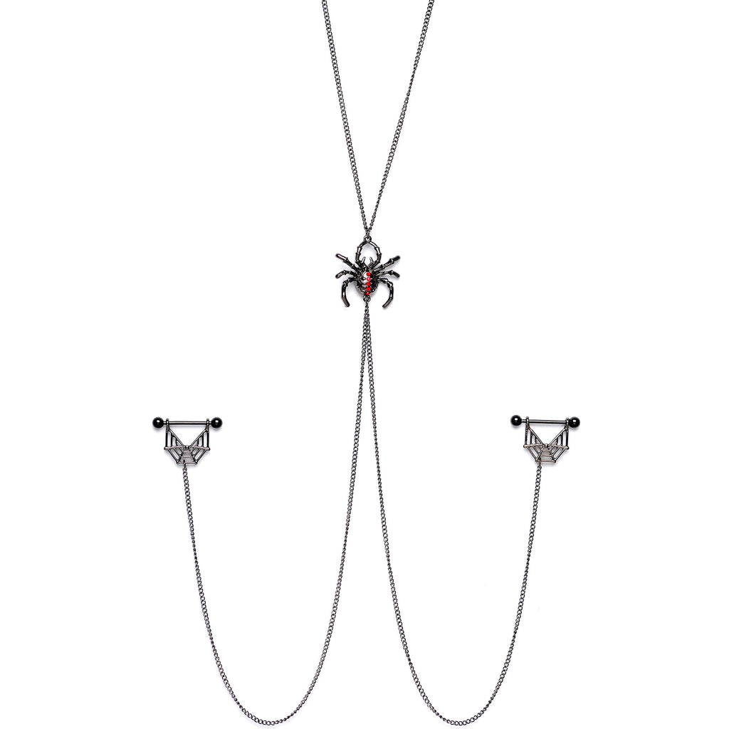 14G 9/16 Red Gem Black Spider Web Halloween Nipple Chain Necklace