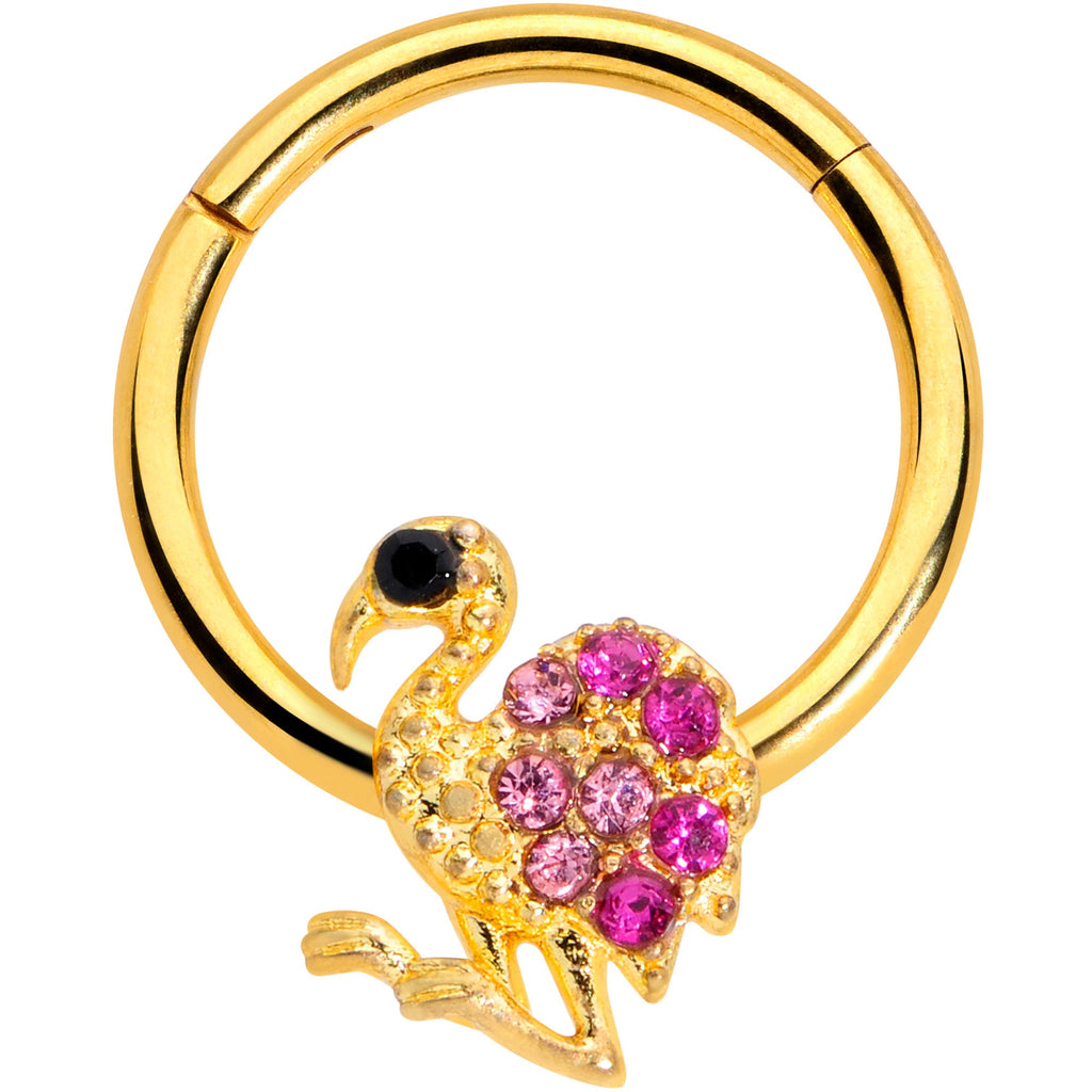 16G 3/8  Pink Gem Gold Tone Fashion Flamingo Hinged Segment Ring