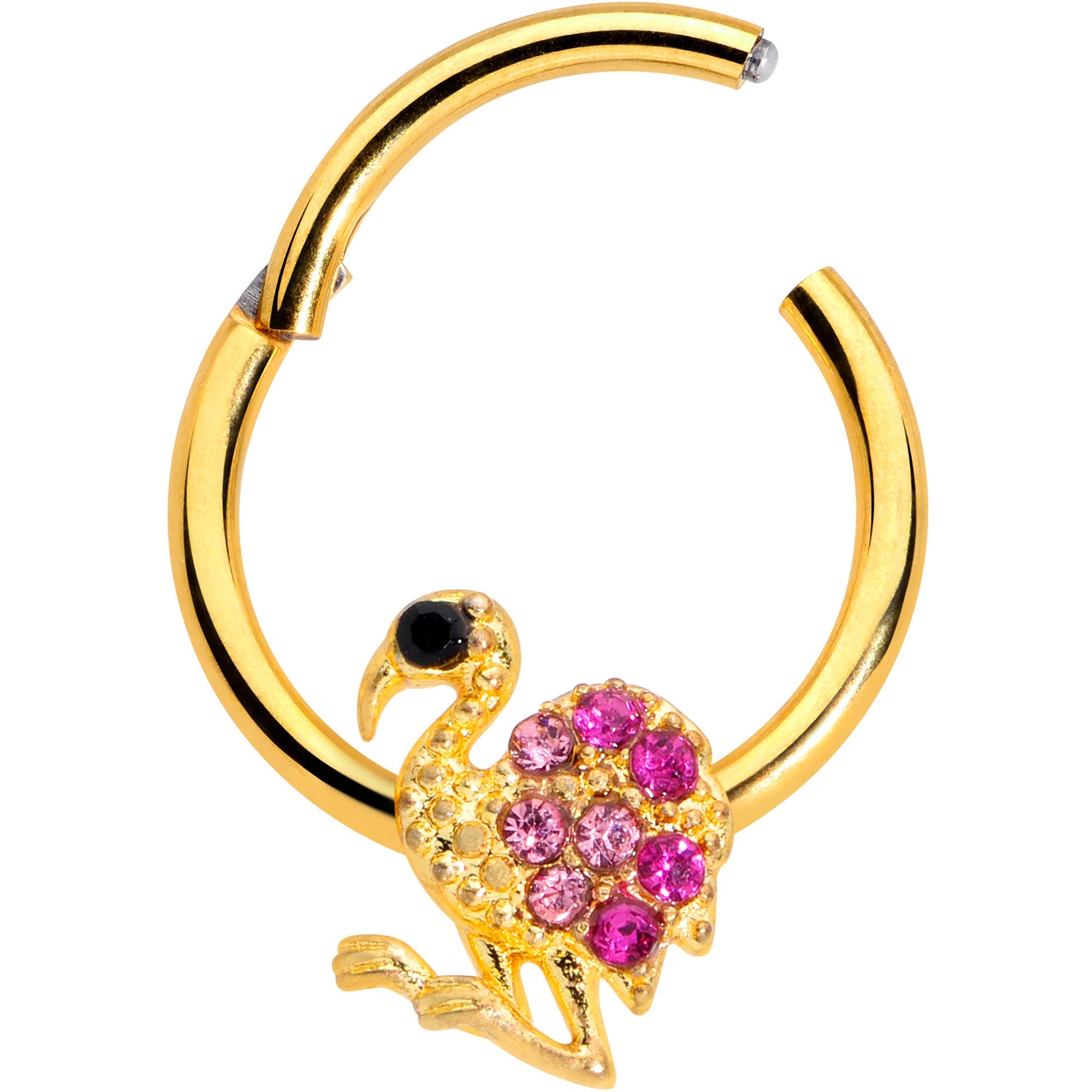 16G 3/8  Pink Gem Gold Tone Fashion Flamingo Hinged Segment Ring