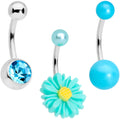 Aqua Gem Daisy Pearlescent Belly Ring Set of 3