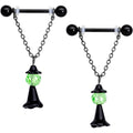 14G 11/16 Green Gem Black Witch Halloween Dangle Nipple Ring Set