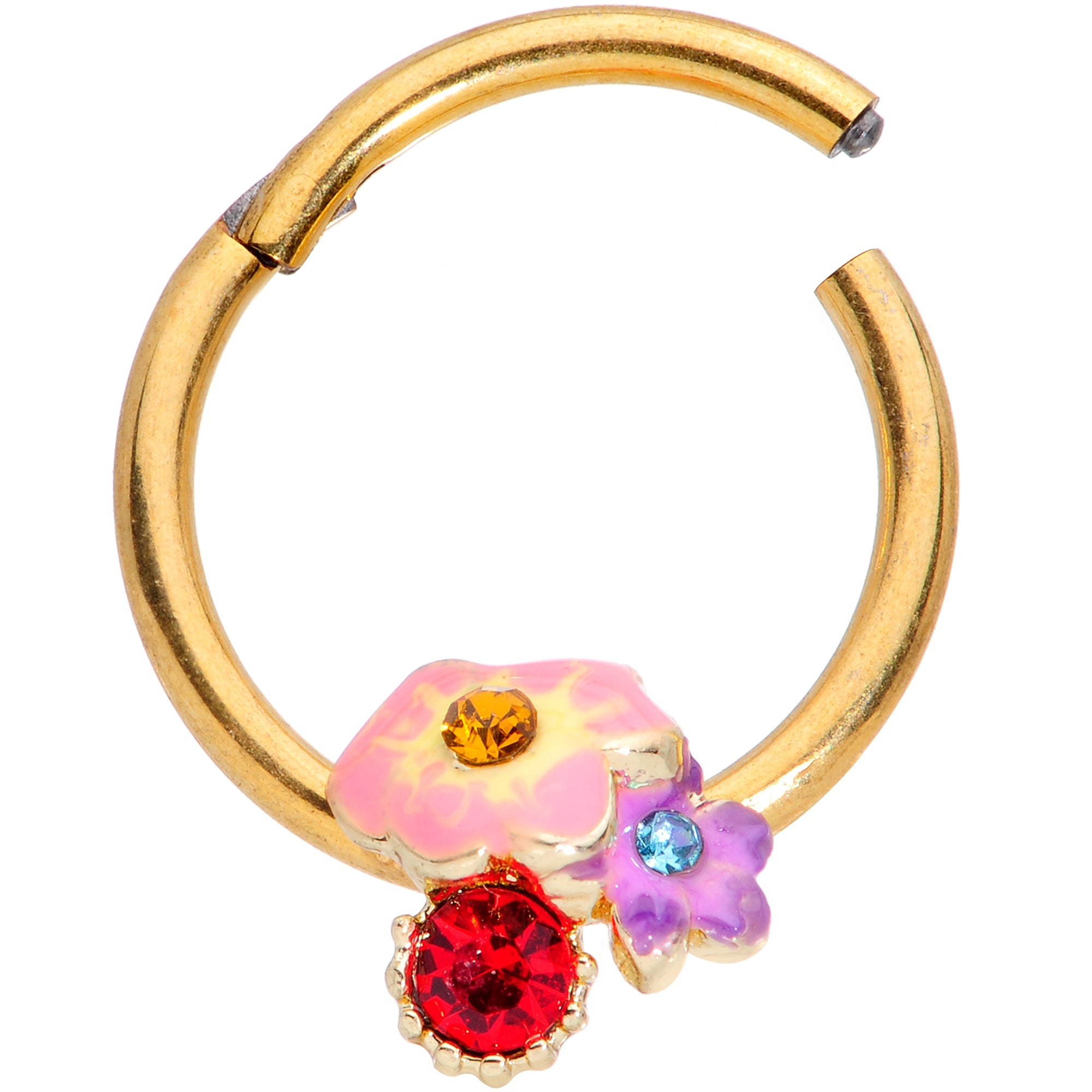 16G 3/8 Red Blue Gem Gold Tone Multi Flower Hinged Segment Ring