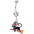 Clear Gem Witch Cat Broom Halloween Dangle Belly Ring