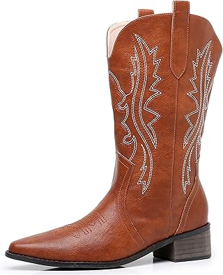 Cowboy Boots for Women, Mid Calf Pointed Toe Chunky Heel Side Zip Western Cowgirl Boots Retro Country Vintage Fashion Boots