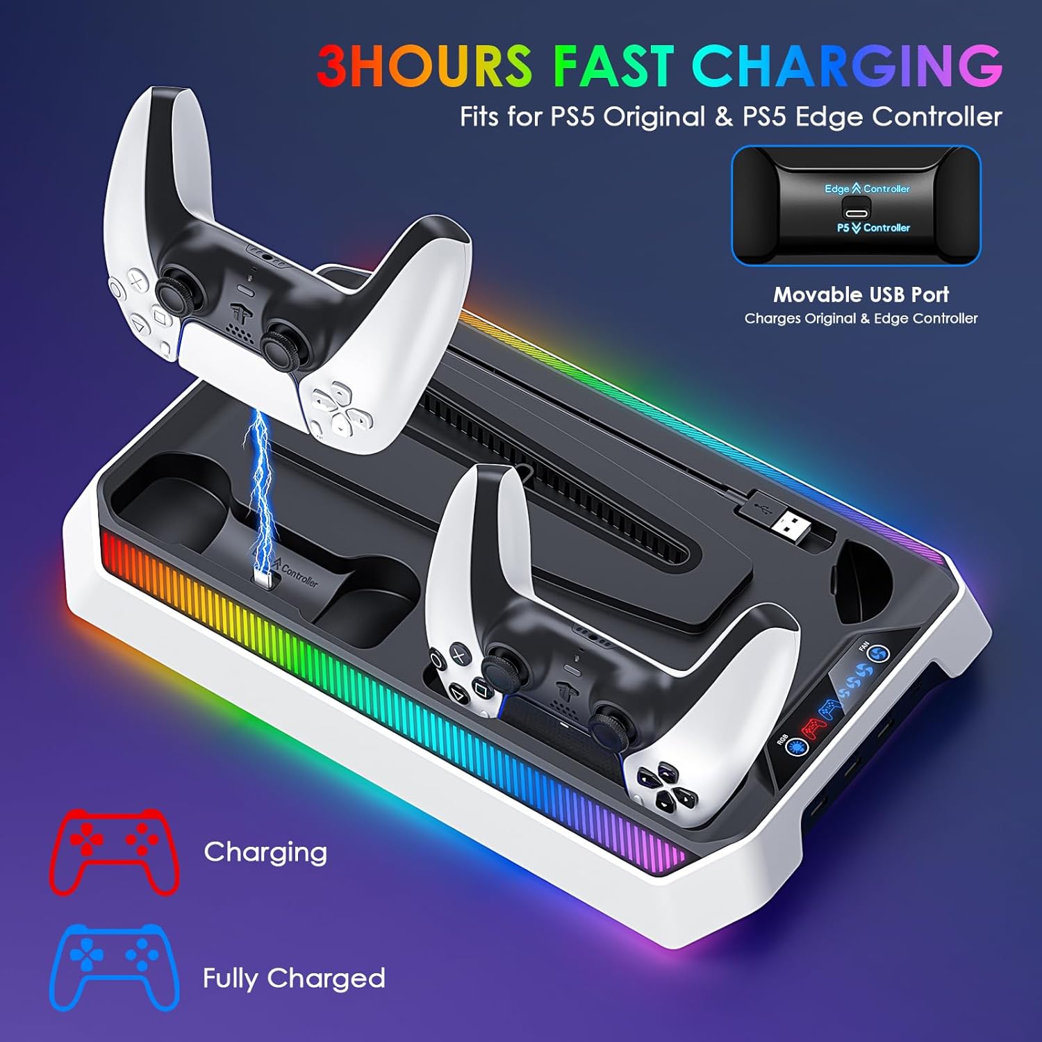 PS5/Slim/Pro Cooling Station, RGB P5 Controller Charger for PS5 Accessories, Ultra Quiet Cooling Fan for PS5 Digital/Disc Console, with 3 Level Fan, 4 USB Hub ﻿