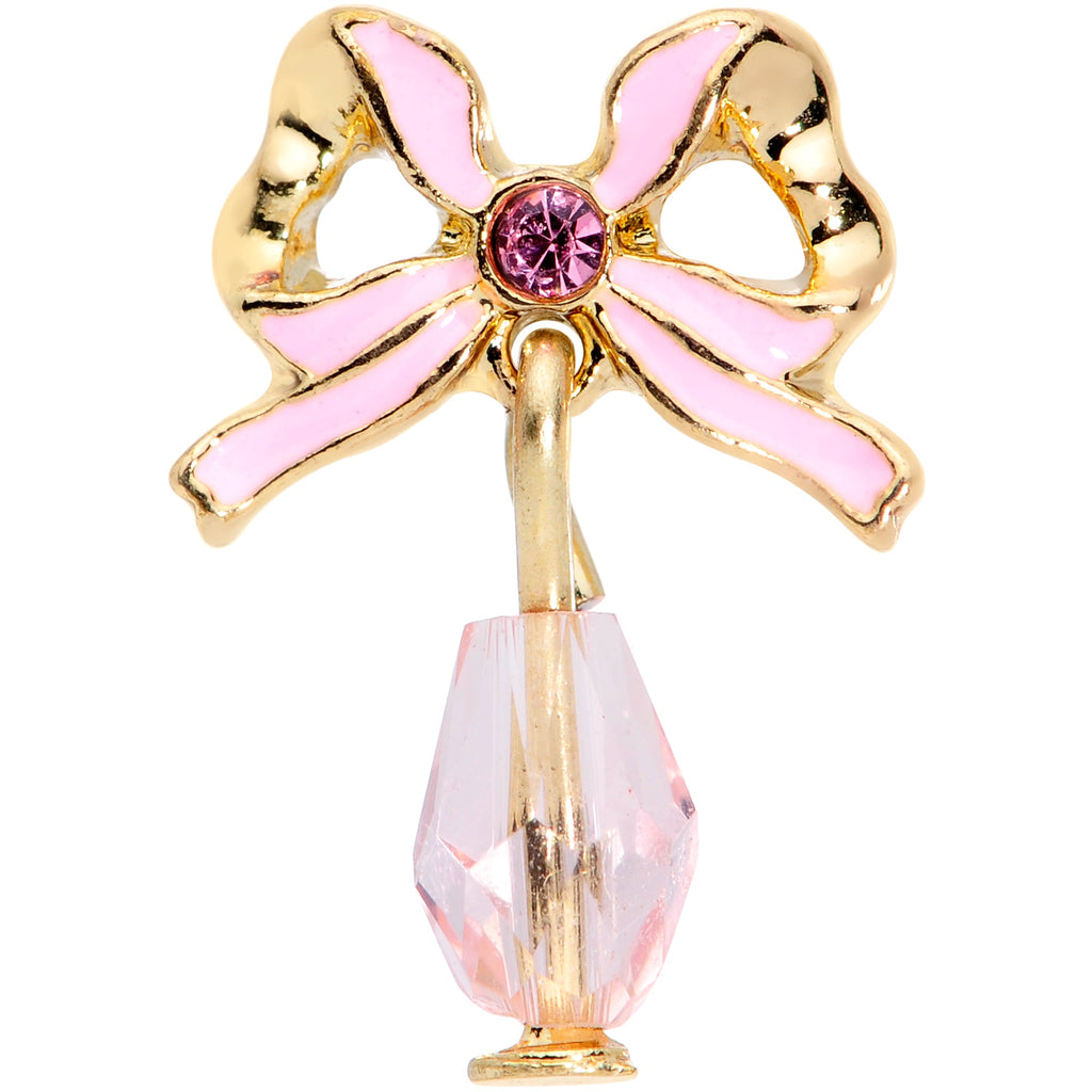 16G 1/4 Pink Gem Gold Tone Bow Dangle Cartilage Tragus Earring