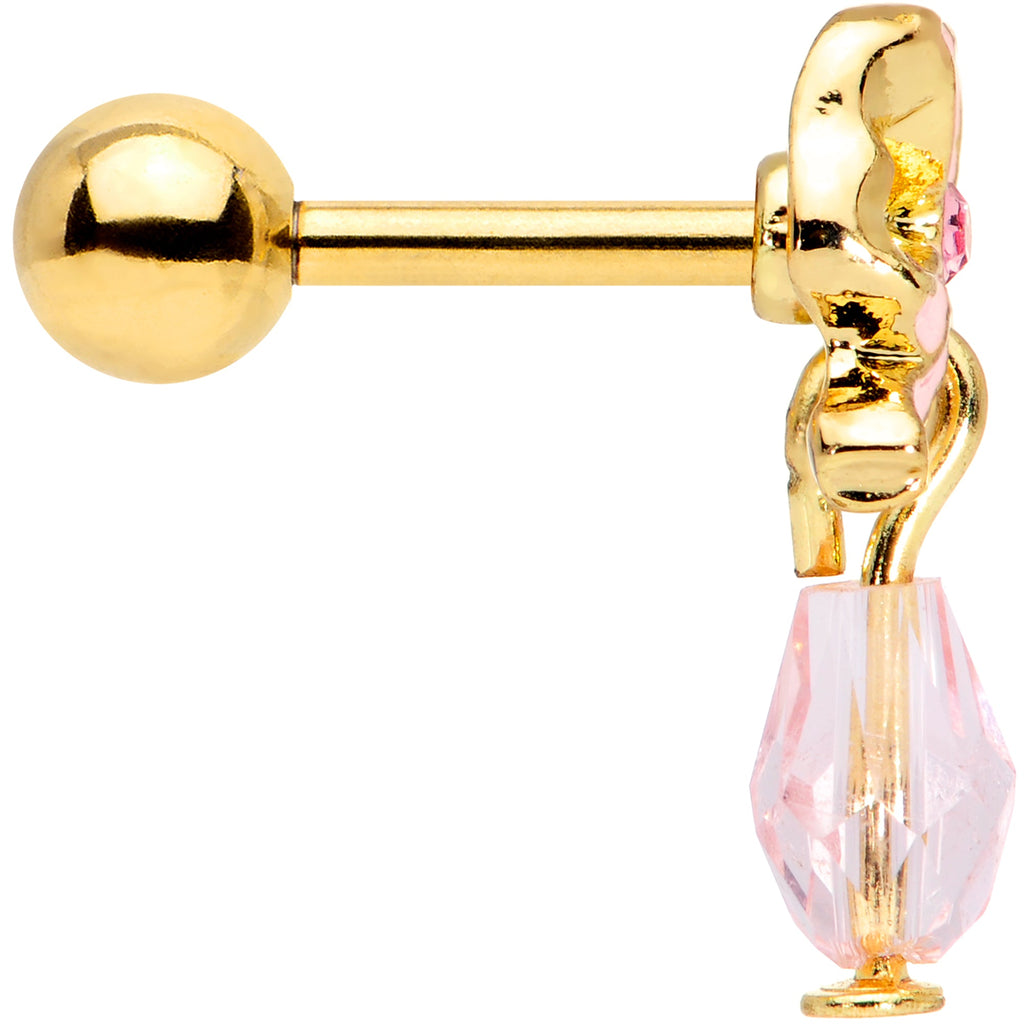 16G 1/4 Pink Gem Gold Tone Bow Dangle Cartilage Tragus Earring
