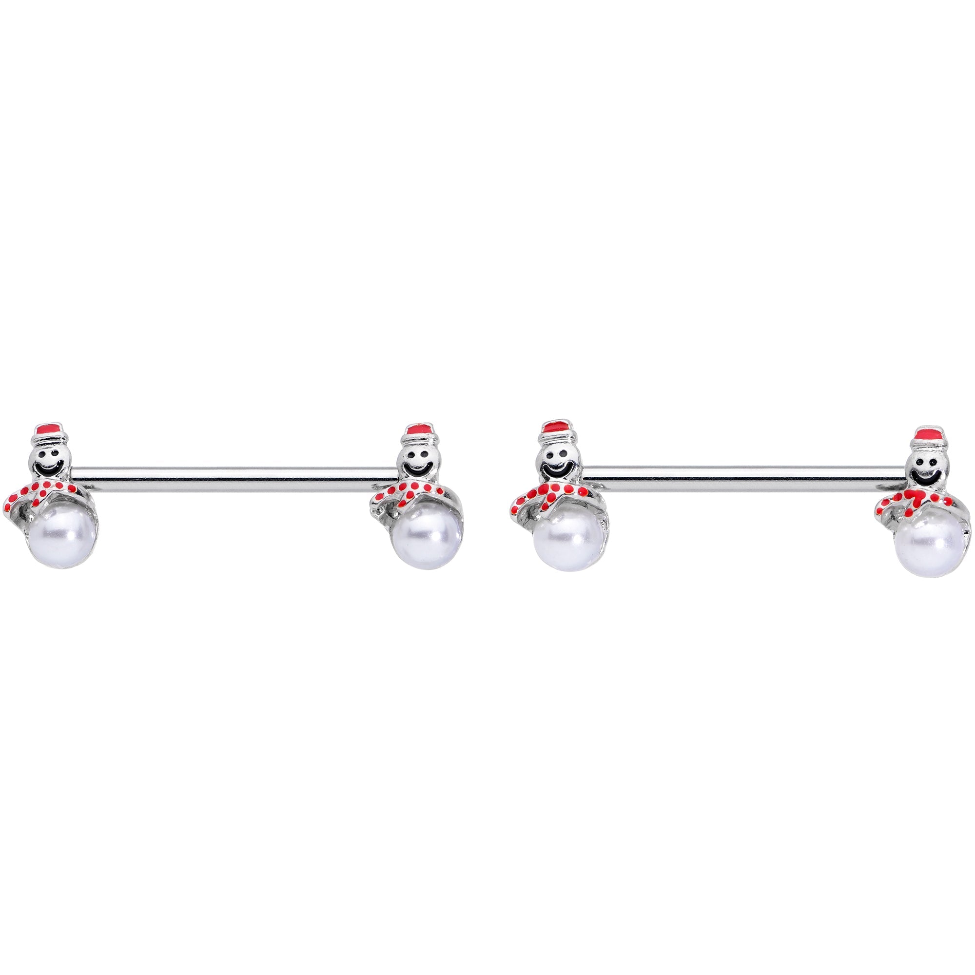 14G 5/8 Pearlescent Orb Snowman Christmas Barbell Nipple Ring Set